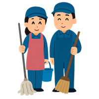 Two smiling commercial cleaners in uniform, one holding a mop and bucket and the other with a broom, standing side by side. This illustration represents janitorial services, ideal for content about business insurance quotes online.