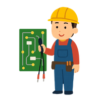 Illustration of a smiling electrician wearing a yellow hard hat and overalls, holding pliers in front of a green circuit board. Represents electrical work and is suitable for content about business insurance quotes online.