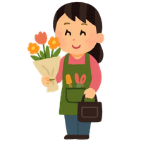 Illustration of a smiling florist wearing a green apron, holding a colorful bouquet of flowers and a black handbag. Represents small floral business owners and suits content about getting insurance without an agent and with no phone calls.