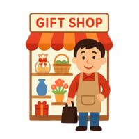 Illustration of a smiling gift shop owner standing in front of a small storefront with shelves displaying flowers, baskets, and wrapped gifts. Perfect visual for content related to getting a small retail business insurance quote.