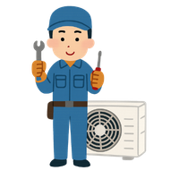 Illustration of an HVAC technician in blue uniform and cap holding a wrench and screwdriver, standing next to an outdoor air conditioning unit. Represents heating and cooling services and is relevant for content about business insurance quotes online.