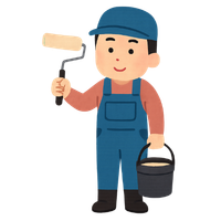 Illustration of a house or commercial painter in overalls and a cap, holding a paint roller in one hand and a bucket of paint in the other. Ideal for content focused on how painters can quote and bind business insurance online and download a certificate of insurance instantly.