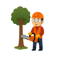 Illustration of a smiling tree trimmer in a blue uniform and cap, holding a large saw and standing confidently. Represents tree care services and is a strong visual for topics related to business insurance quotes online.